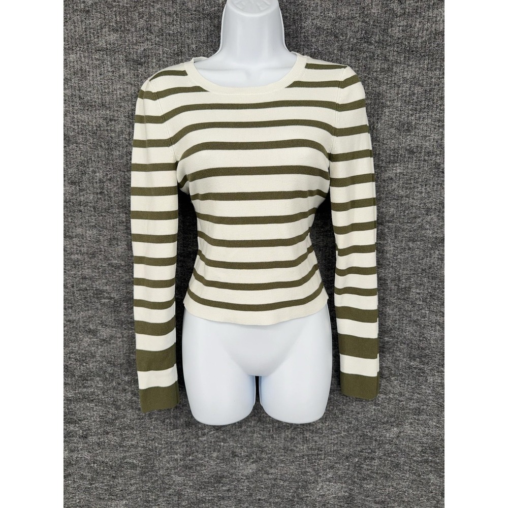Maeve Anthropologie Sweater Womens Medium Green Striped Crew Neck Knit‎ Pullover